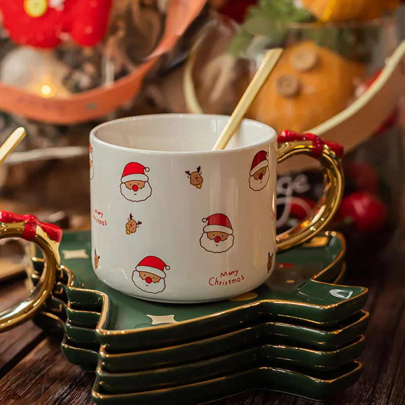 Christmas High-grade Ceramic Coffee Mug Set European-style Gold Handle Exquisite Tea Cup with Tray Saucer Spoon for Gifts