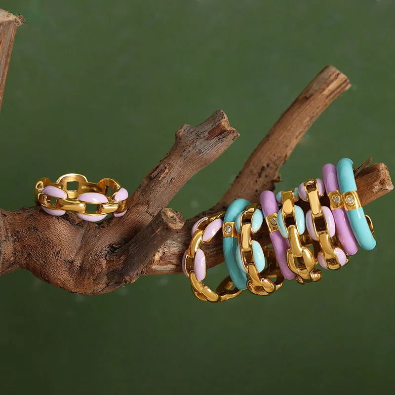 Gold Plated Colorful Enamel Ring Dainty Enamel Jewelry Stainless Steel Waterproof Open Zircon Enamel Rings Set for Women