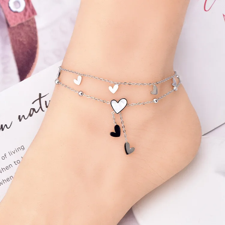 Korean Style Fringe Fritillaria Love Heart Anklet Double Layer Gold and Silver Anklet for Women 18K Gold