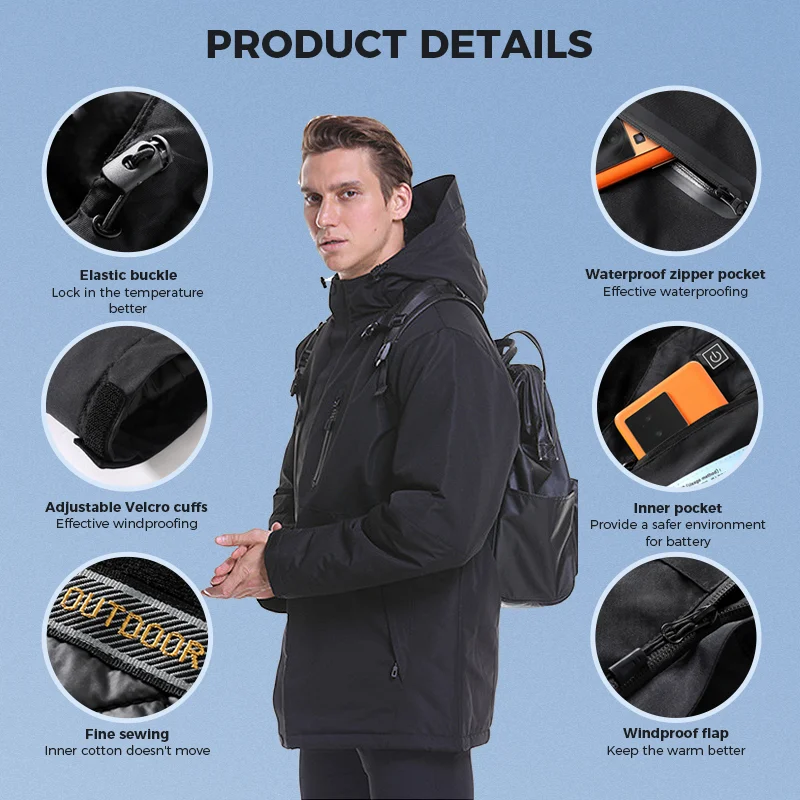 Heated Jacket Mens Outdoor Unisex Rechargeable Warm Heated Clothing Breathable Hood Windproof Heat Jacket