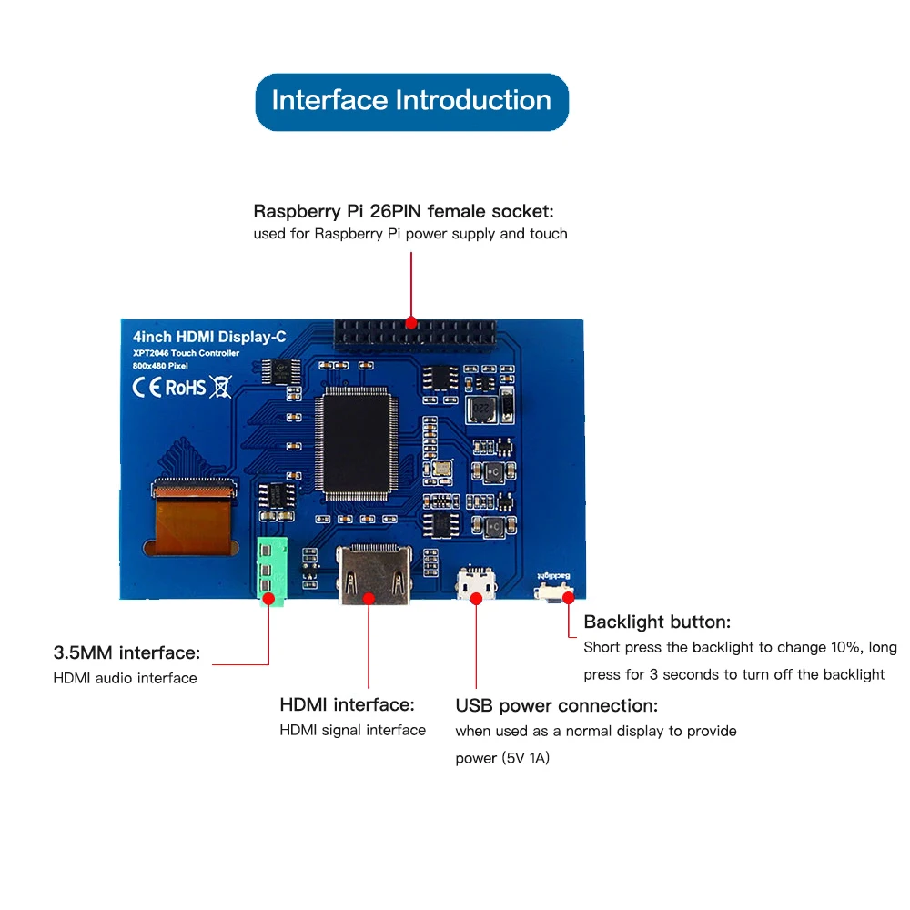 4.0 inch High-Speed Touch Screen Display 800x480 TFT LCD SPI Monitor for Raspberry Pi 4 3 2 A, A+, B, B+, HDM Factory