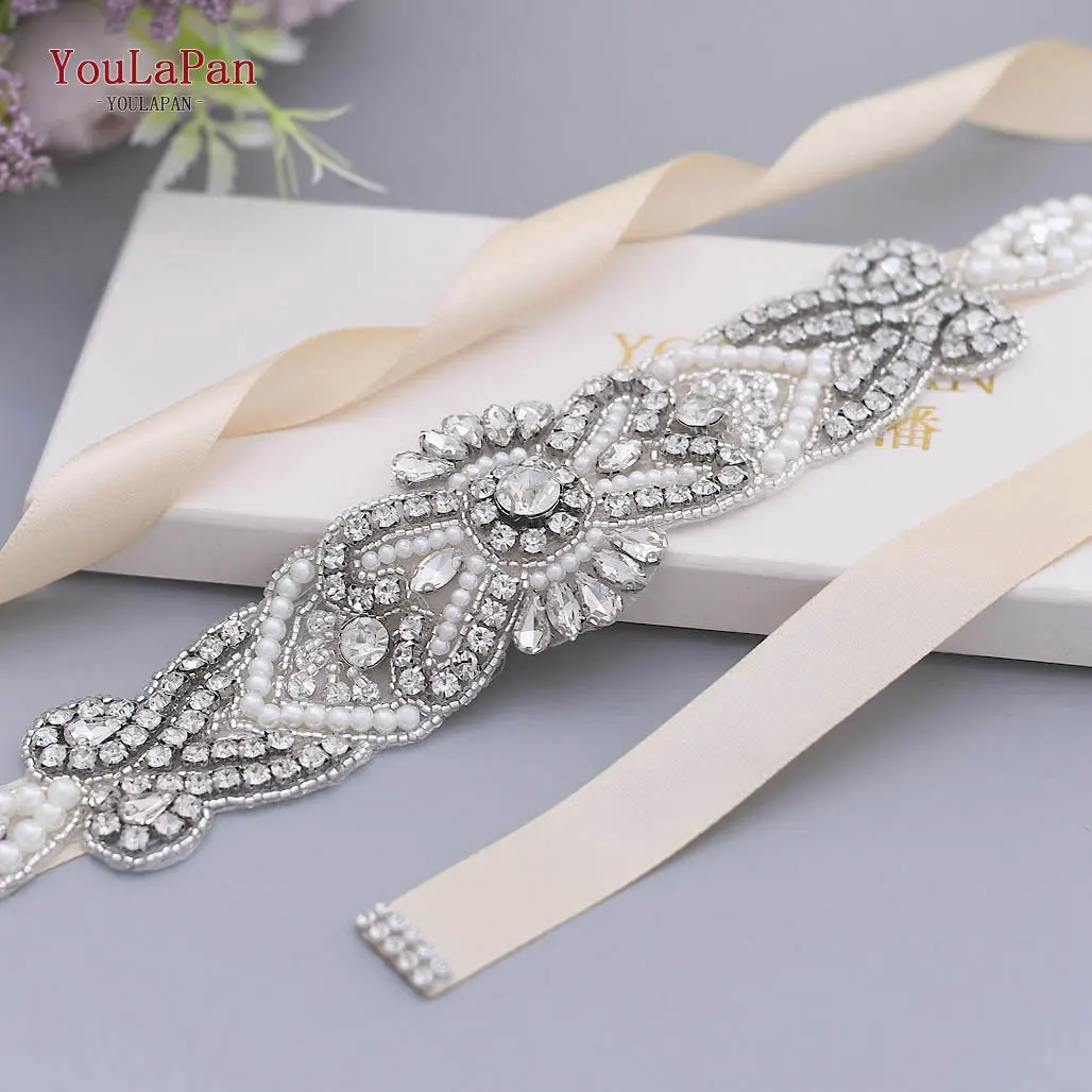 YouLaPan S208 Shiny Woman Silver Rhinestone Crystal Diamond Piece Belt Handcrafted Exquisite Dress Applique Wedding Bridal Belt