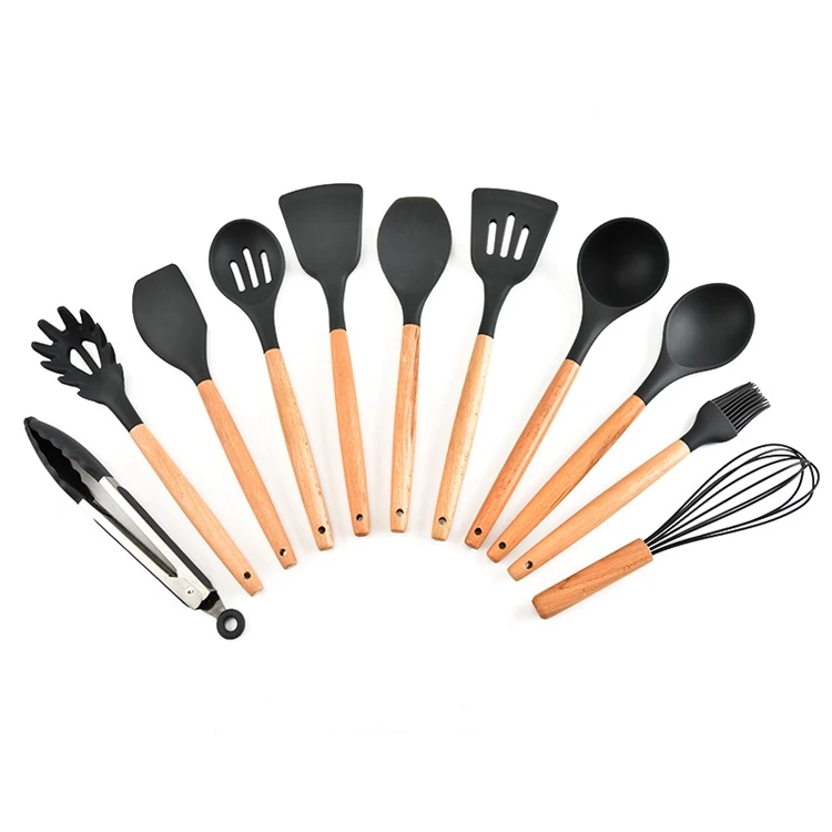 Heat resistant Silicone Cooking Kitchen spatula set Utensils Kit with Wooden Handles
