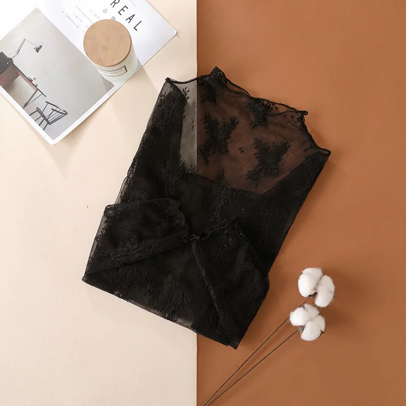 Summer Women Lace Floral Embroidery Blouses Shirt Ladies tops Sexy mesh Blouses Transparent Elegant See-through Black Shirt