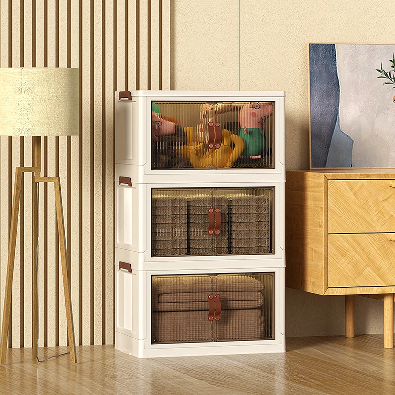 Wholesale Double Open Door Stackable Household Transparent Large Capacity Clothes Storage Box Folding Plastic Box With Wheel