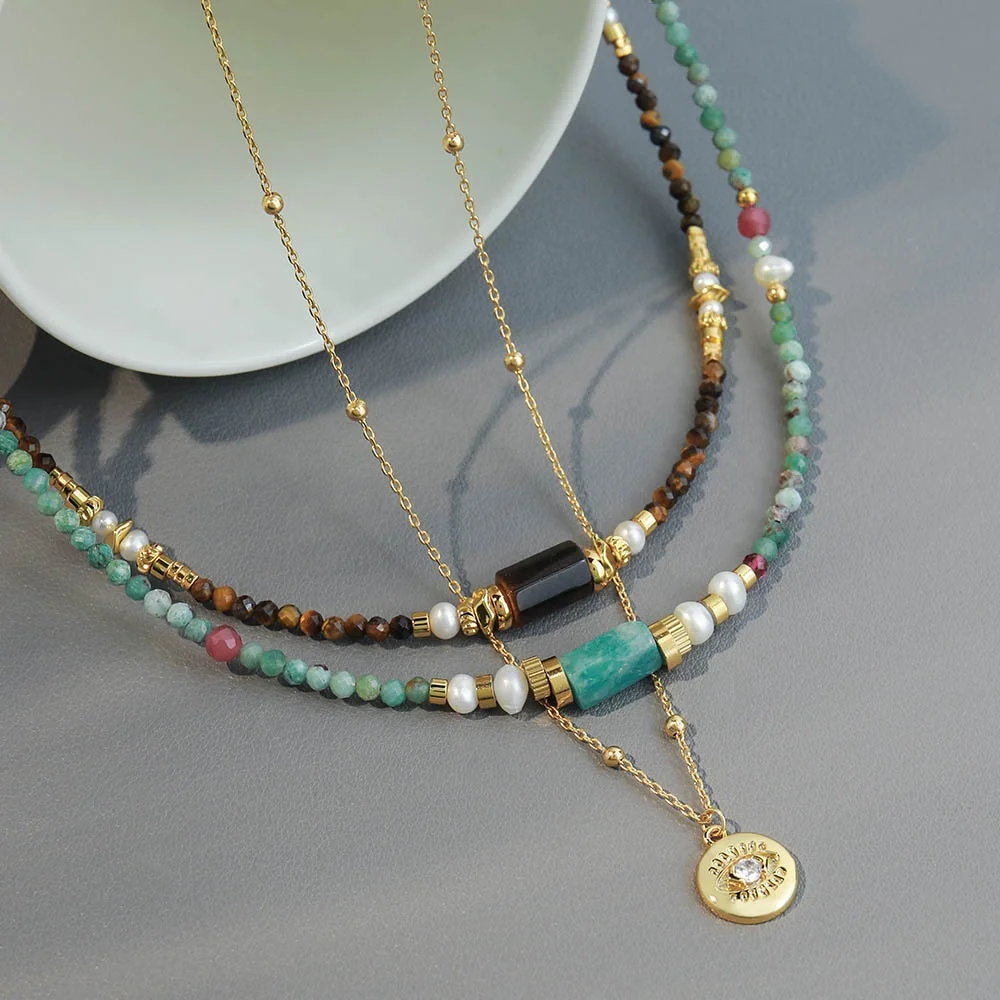 eye agate natural stone freshwater pearl natural turquoise long beaded necklace luxury jewelry, long necklaces , natural stone