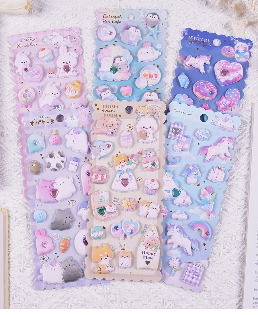 Kids 3D cartoon stickers Puffy foam decals soft thickened puffy sticker with Rhinestones gem Dogs Penguin Fly horse design