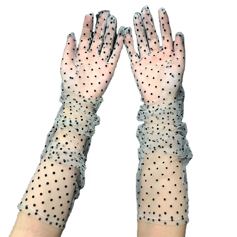2021 Wholesale Women Short Tulle Gloves Stretchy Lace Spots Full Finger Mittens Mesh Lace Gloves
