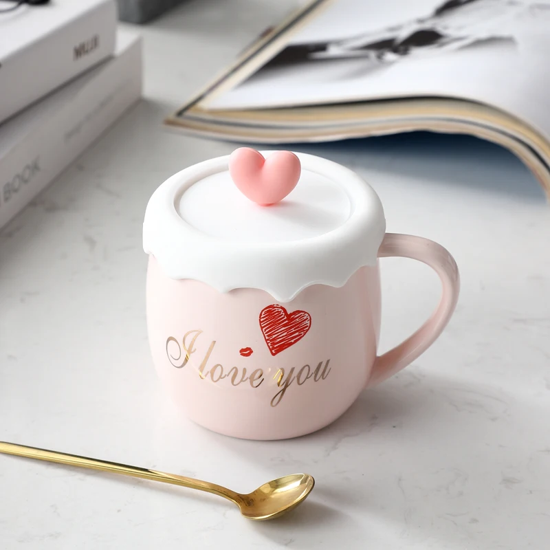 Mug pink cute Ceramic Mug with lid heart porcelain Cup with custom logo