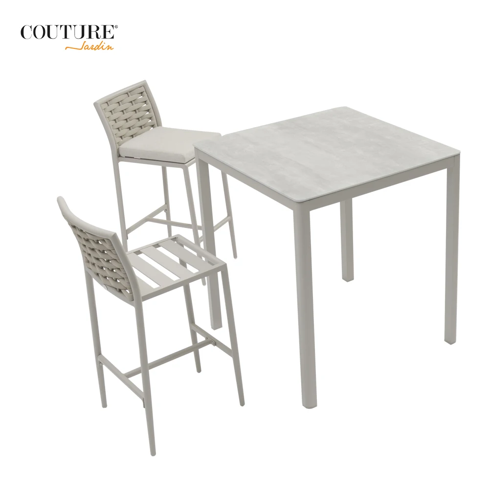 Couture Garden Furniture Brown Color Plastic Wood And Brushed Aluminum Outdoor Patio Bar Set