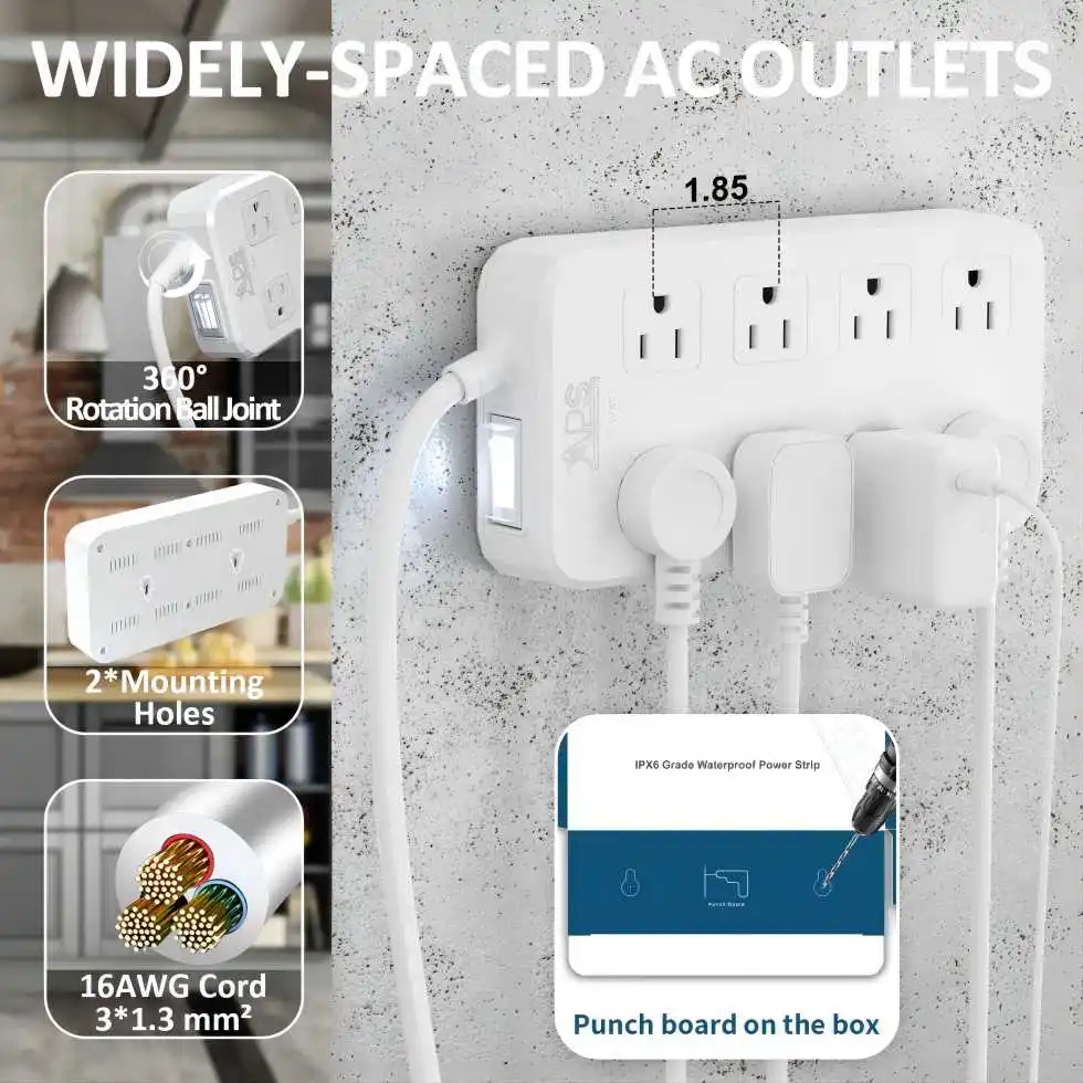 IPX6 Weatherproof, Waterproof Surge Protector with 8 Wide Outlet, 6FT Long Extension Cord  Outdoor Power Strip