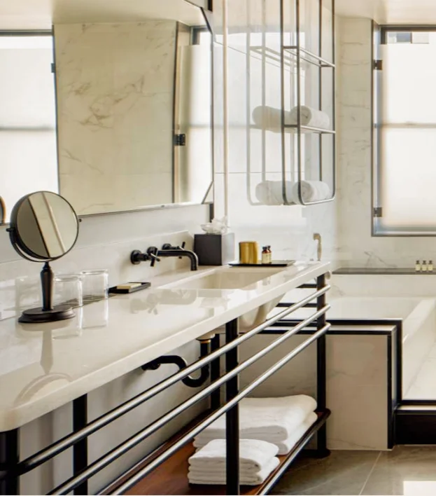 Sink vanity cabinet artificial marble metal steel black leg white contemporary urban design hotel bedroom bathroom master suite