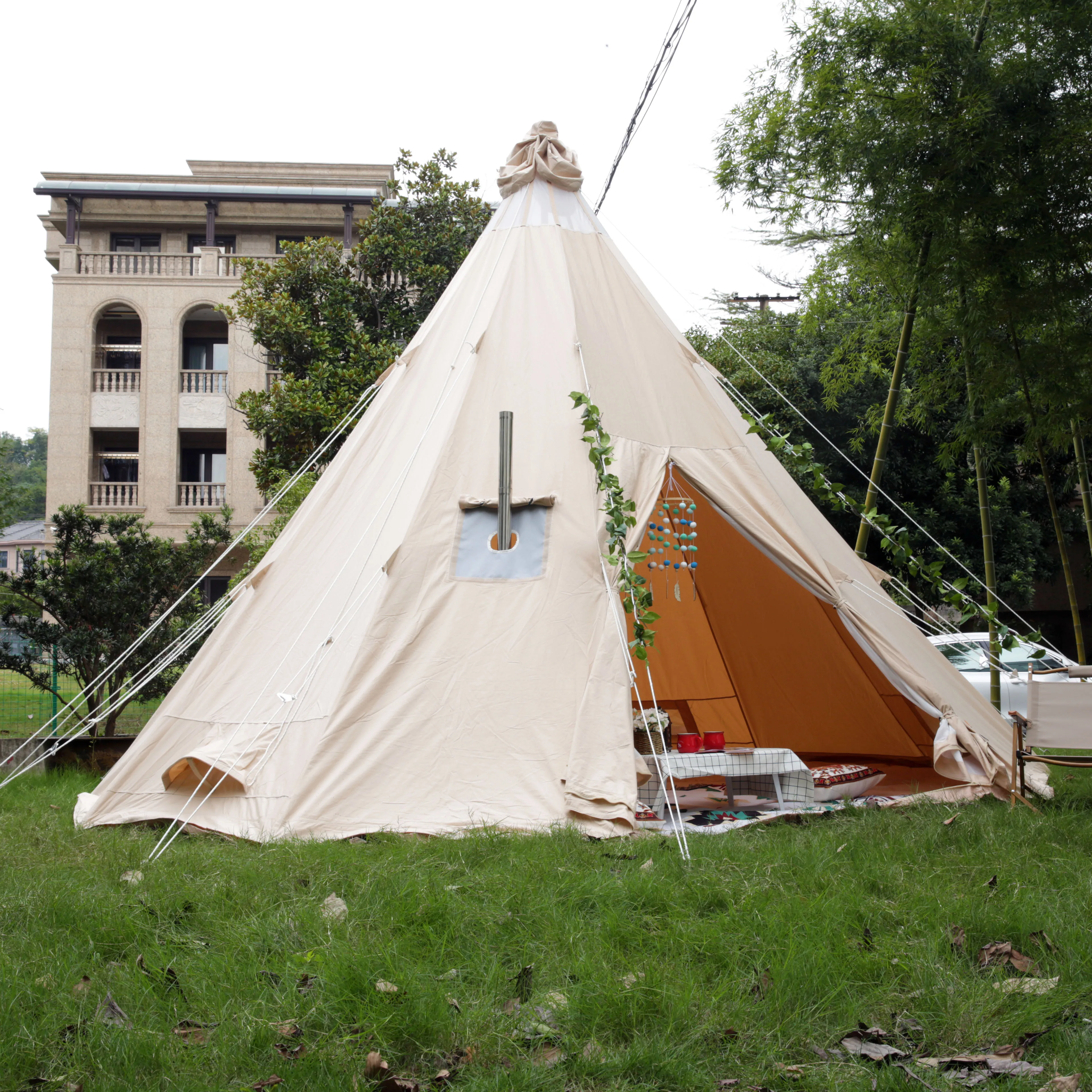 Luxury high quality 100% cotton canvas 5m outdoor glamping picnic indian pyramid camping teepee tipi tent