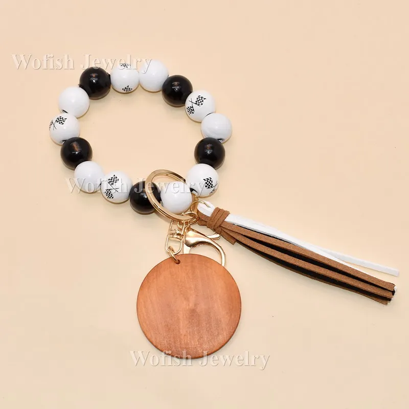 Factory Wholesale Wooden Keychain Black White Checkered Flag Pattern With Blank Engravable Disc Keychain Wristlet