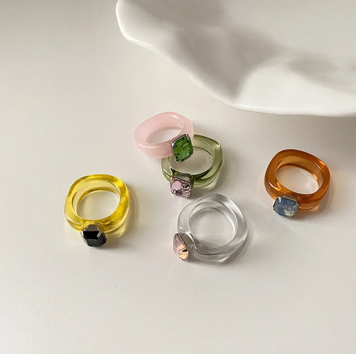 2021New Colorful Transparent Acrylic Irregular Marble Zircon Resin Rings for Women Girls Jewelry