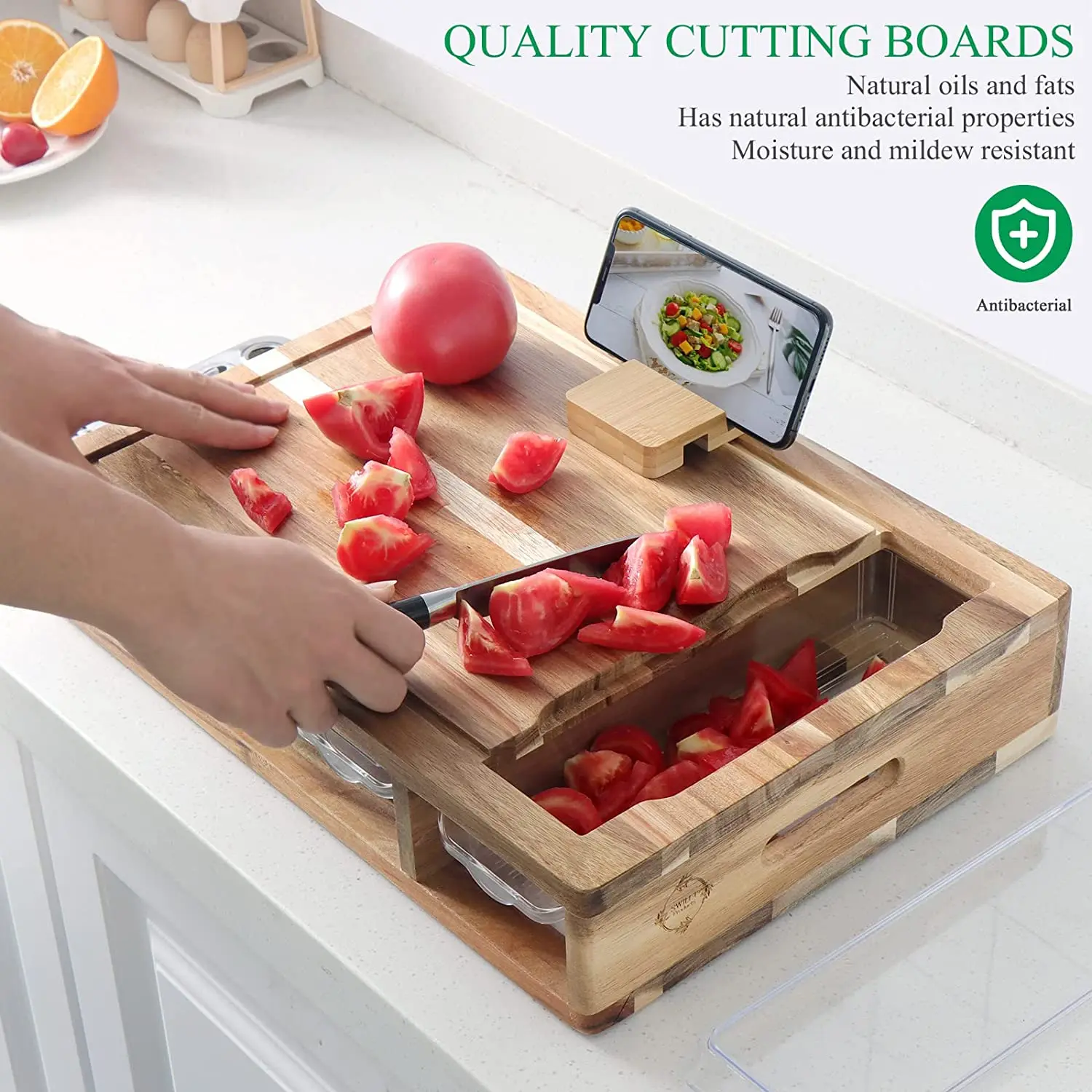 High quality new design kitchen vegetable acacia wood cutting board with containers chopping board with containers drawer