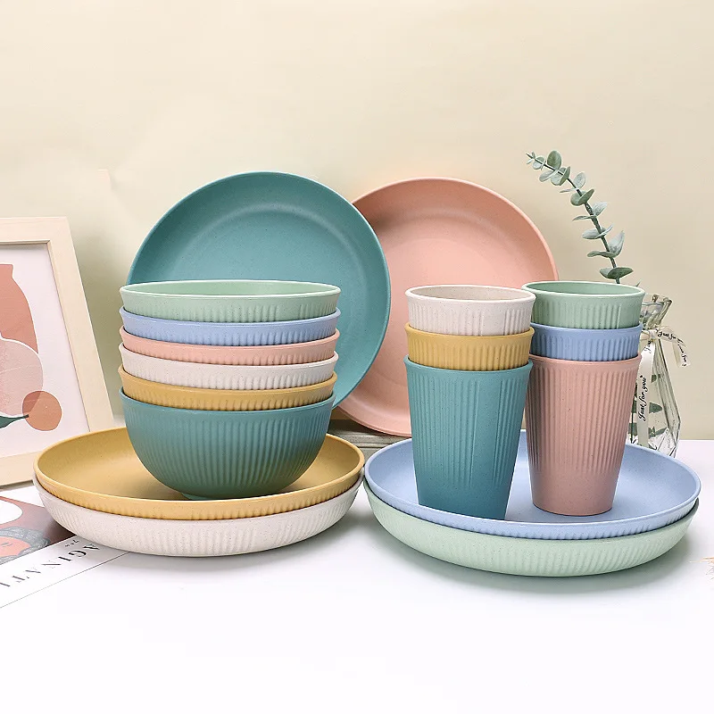 Biodegradable Wheat Straw Plastic Water Bottles Dinner Dishes Plate Bowl Cup Wheat Straw Cutlery Dinnerware Sets