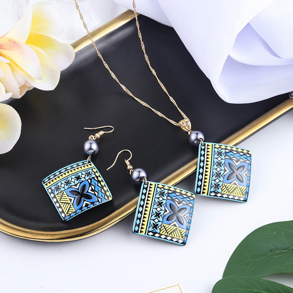 SophiaXuan new samoan Fashion Blue Aegis Necklace Acetate Acrylic Earrings Wholesale Hawaiian Jewelry Set