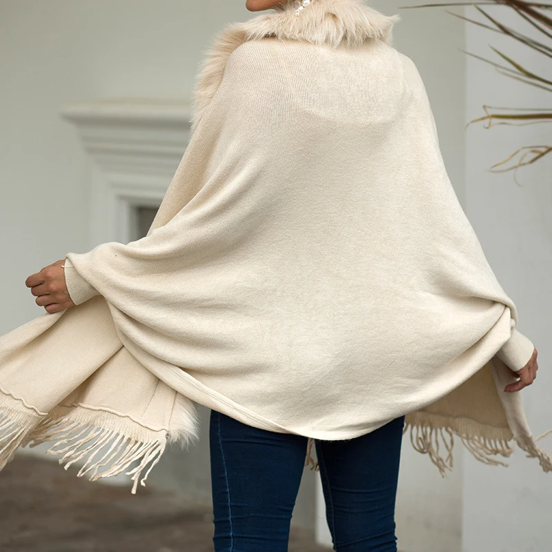 Sweater Oversize Autumn Winter Clothes Women Fur Collar Shawl Cape Streetwear Knitted Tassel