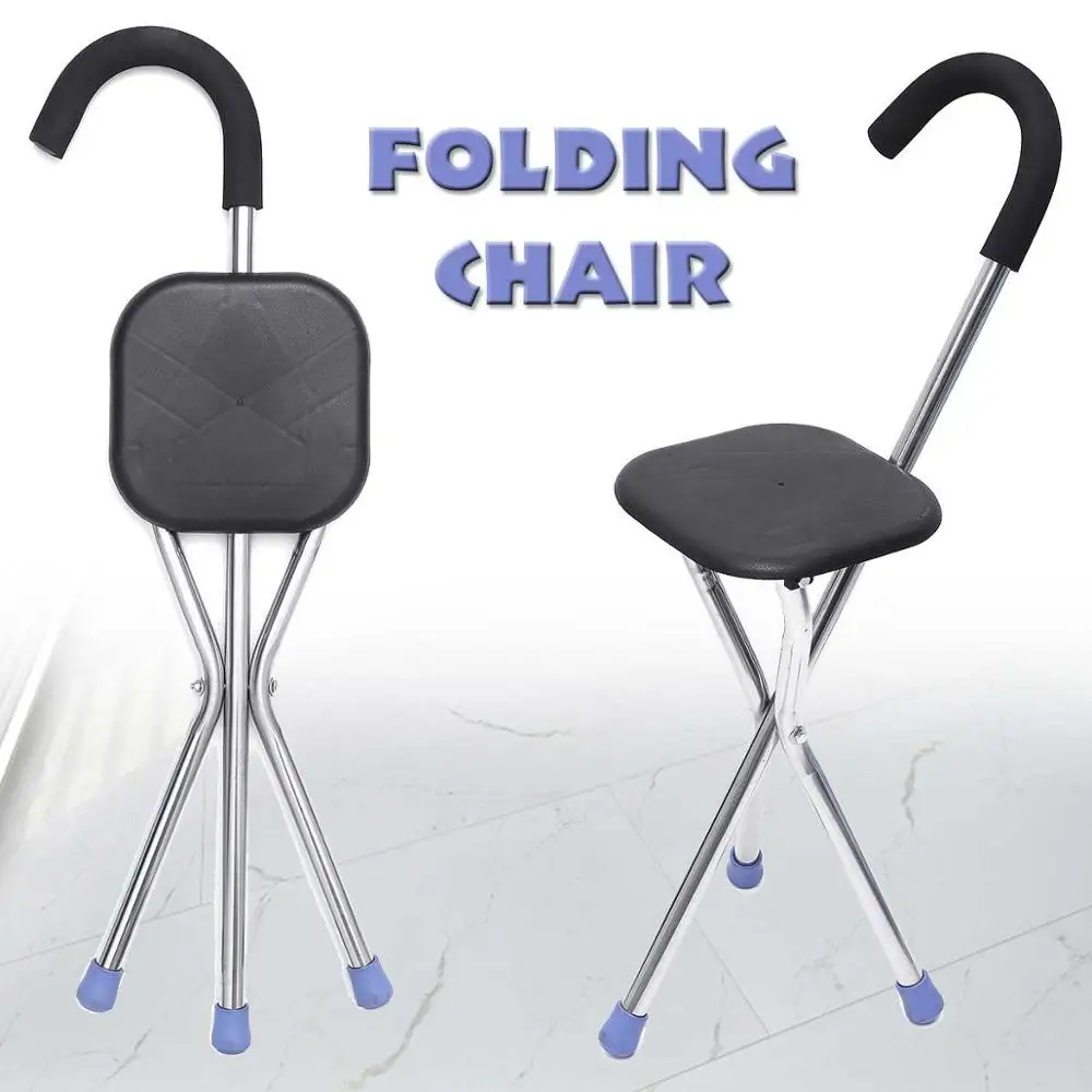 Portable 2 In 1 Stainless Lightweight Folding Walking Stick With Seat Tripod Stool Portable Walking Cane Chair For Old People