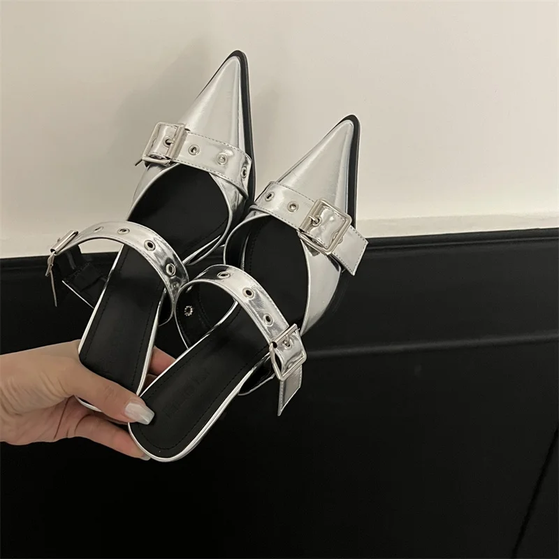 IDOIT New Fashion Metal Buckle Slingback Sandals Women Flats Pointed Toe High Heel Shoes for Women Buckle Strap Slippers
