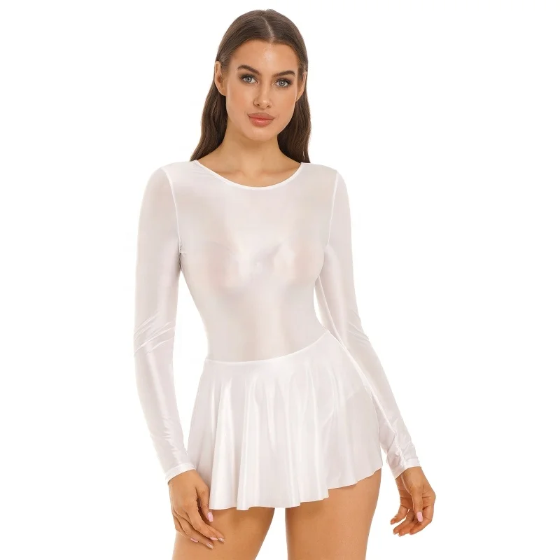 Womens Glossy  Ruffled Dress One-piece Long Sleeve Solid Color Leotard Dresses for Sports Ballet Dance