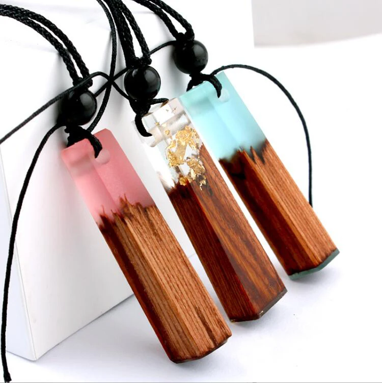 wholesale Resin Wood Bar Pendant Adjustable Rope Handmade Solid Wood Resin Necklace