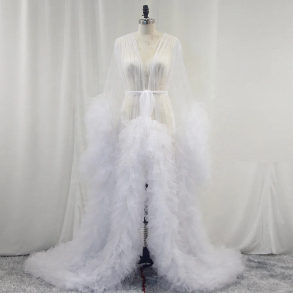 RSJ166 Bridal Robe Fluffy Tulle Maternity White Custom Made Women Long Dresses Photo Shoot Birthday Party Robe