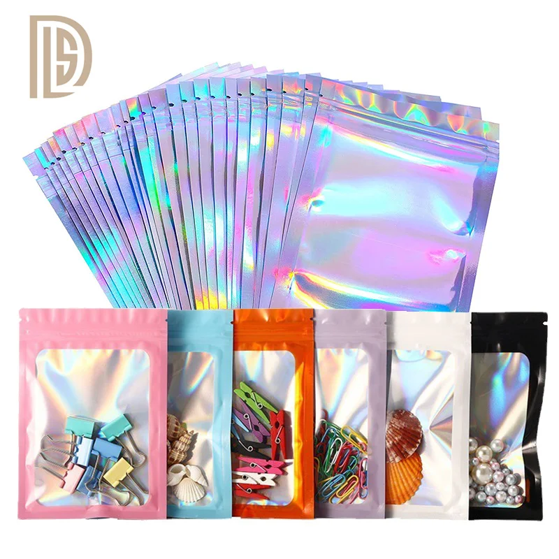 Wholesales Custom One Side Transparent Holographic Ziplock Packaging Bags Resealable Airtight Smell Proof Bag For Food Storage