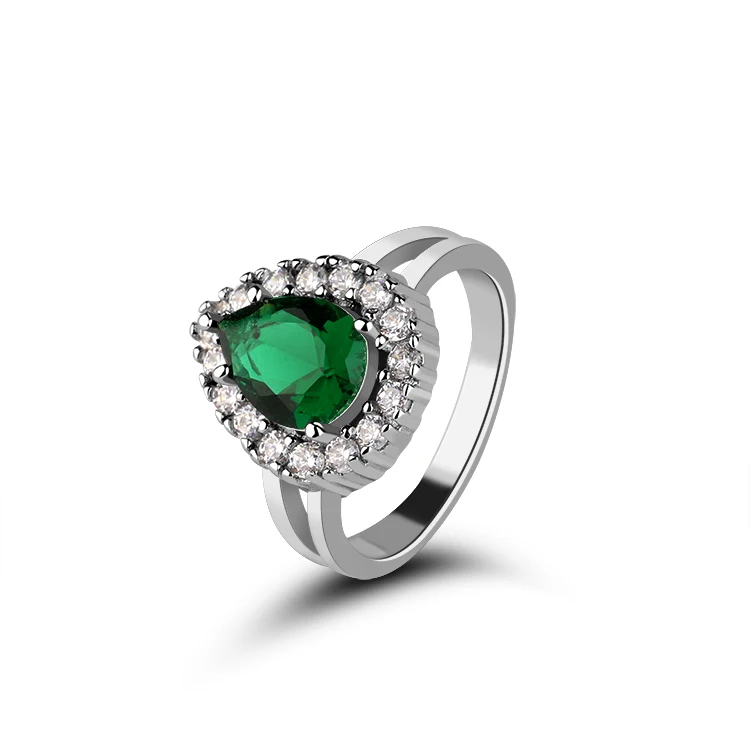 925 Sterling Silver Ring with Green Diamond Setting and White Gold Plated