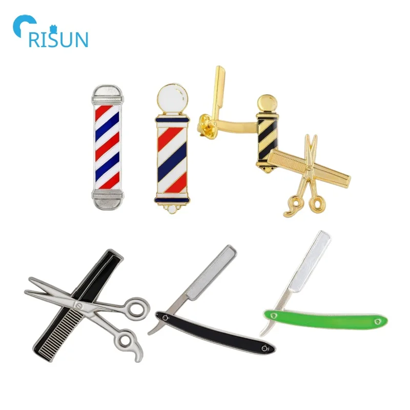 Gold Silver Enamel Fashion Barber Hairdresser Wash Cut Blow Pin Brooch Badge Custom Barber Turn Light Lapel Pins
