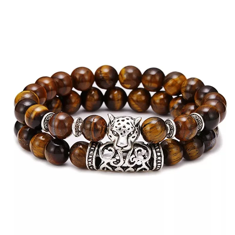 Wholesale 8mm Natural Stone Beads 2pcs/set Gem tiger Eye lava Beaded Health Bracelet Cheetah Head Mens Accessories