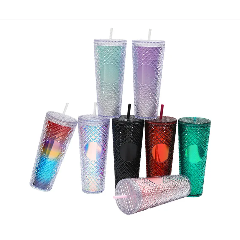 Hot Selling Double-Deck Straw Plastic Cup Universal Portable Irregular Gem Straw Cup