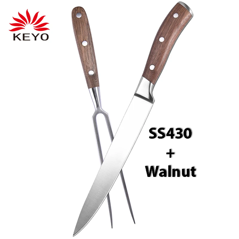 KEYO German Premium SS430 Black Walnut Wooden Handle 2 Pieces Chef Professional Meat Carving Knife Fork BBQ Tool Sets