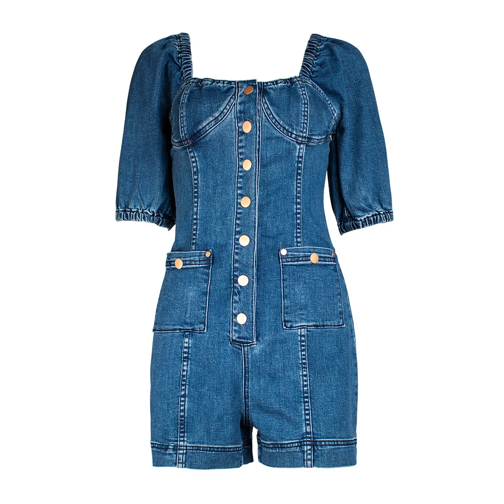 
Sexy Waist Tight Square Collar Short Sleeve One Piece Jumpsuit Jeans 