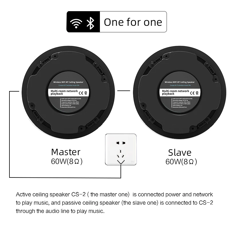 Wireless Ceiling Speaker Cloudyx CS-2 1 master+1 slave Home Audio System WiFi BT5.0 USB DLNA AirPlay Multi-room Playback