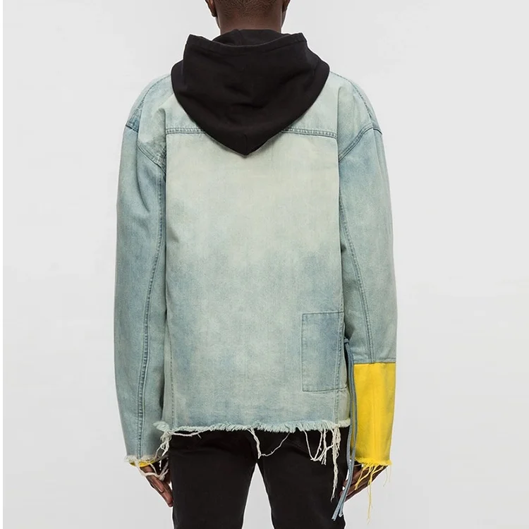 High Quality Custom Men Vintage Yellow Sleeve Slight Distressed Denim Jacket Men