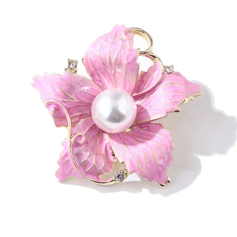 Women Elegant Brooch Pink Enamel Pearl Fuchsia orchid flower Brooches