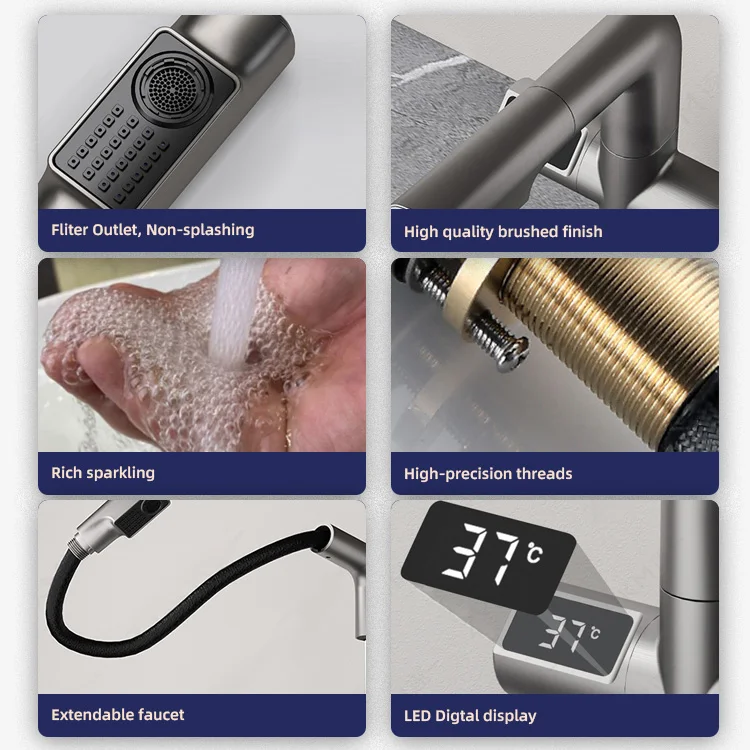 Kidolux Pull Out Basin Faucet Led Temperature Digital Display Basin Faucet No Splash Hot And Cold Water Taps for Face Wash Basin