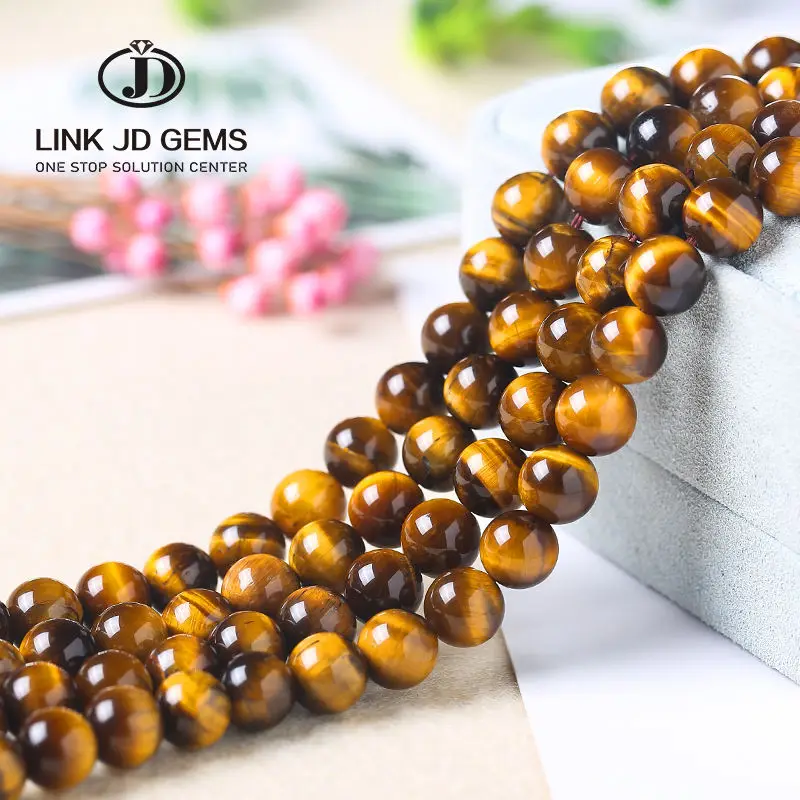 JD GEMS 4mm 6mm 8mm 10mm 12mm 14mm Natural Yellow Tiger Eye Stone Loose Smooth Round Beads for Jewelry Making