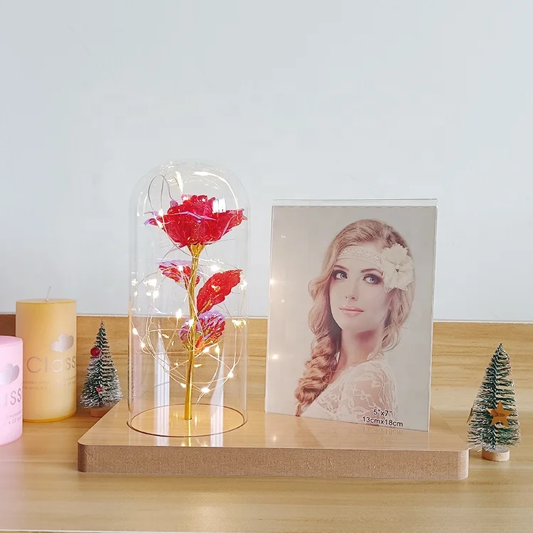 New Modern Luxury Bedroom Wooden Photo Frame Shelf Rose Flower LED Light Glass Tabletop Lamp Home Decor