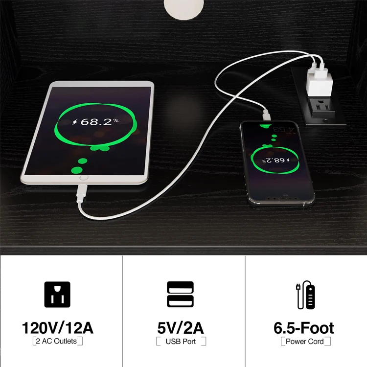 Bedroom Sofa Side End Table Nachtkastje LED Lights Bedside Storage Drawer Nightstand Comodini with Charging Station and USB Port