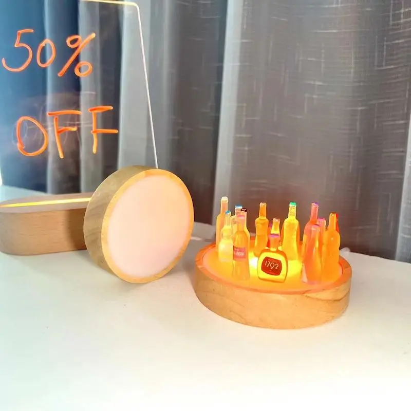 2024 new product round shape LED wooden light base 3D acrylic panel lamp wood table lamp for christmas gift