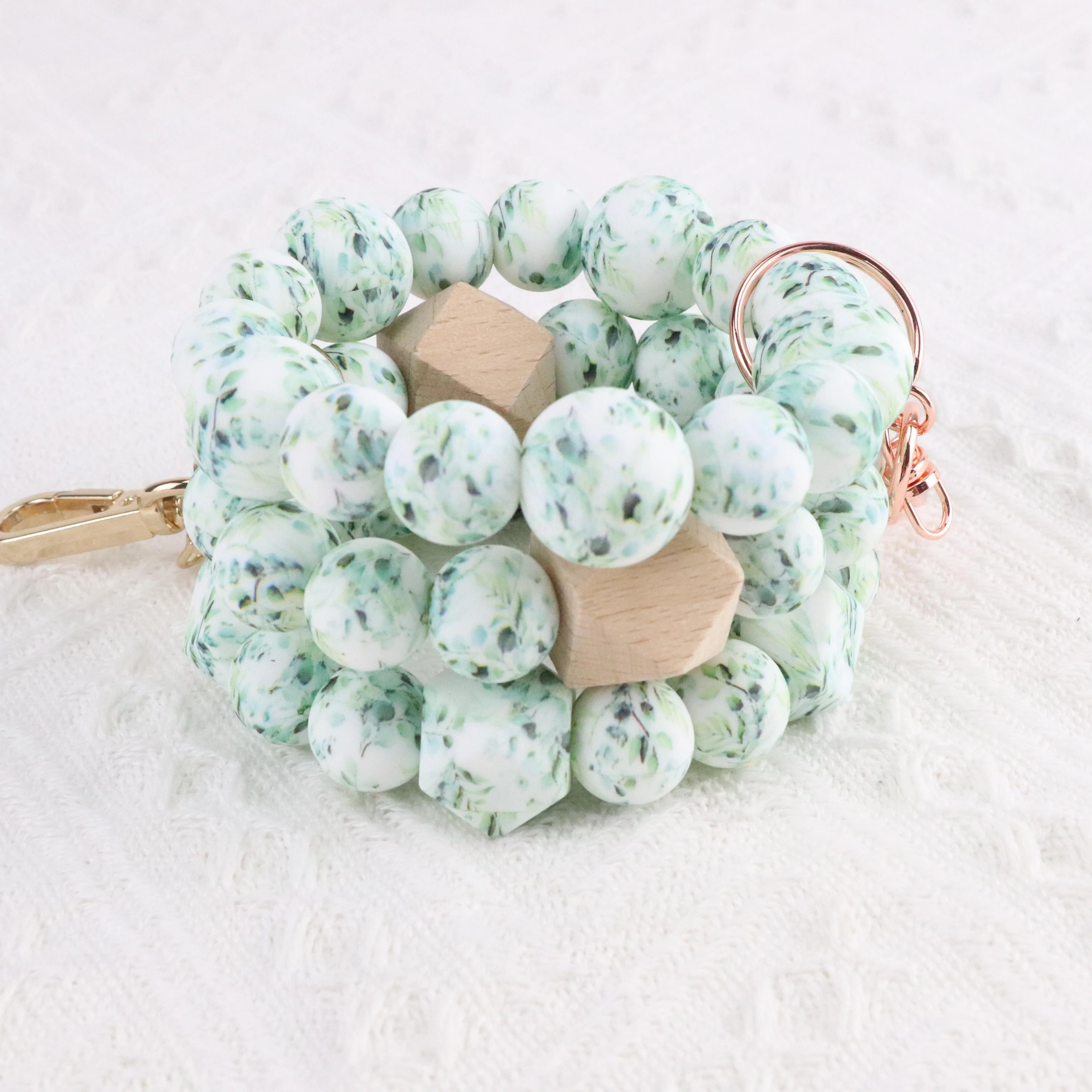 2023 Hot Sale Silicone Leaf Print Beaded Bracelet Key Chain Key Ring Bangle Key Chain