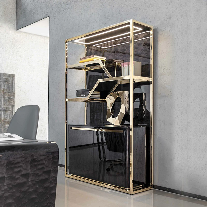 Furnistyle Customized Modern Luxury Mini Display Bar Cabinet Gold Stainless Steel Wooden Home Bar Stylish Wine & Liquor Rack