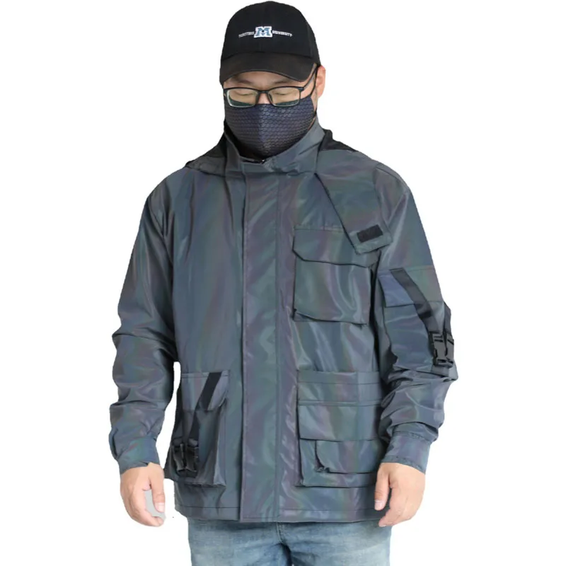 men blank silver gray zipper up hi viz hip hop light reflective waterproof windbreak hooded jacket coat windbreaker pullover