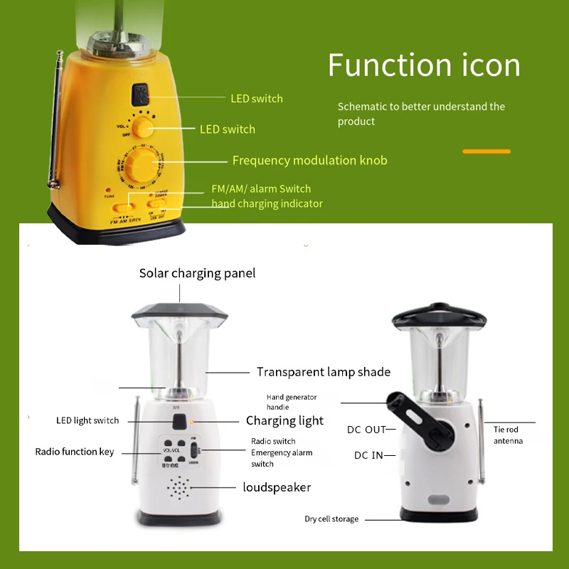 Multifunction Solar flashlight Hand Dynamo Rechargeable LED Bulb Light Portable Outdoor Camping lantern with hand crank FM Radio