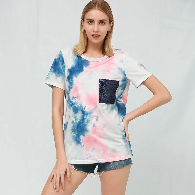 Summer Tie Dye Print Patchwork Sequin Pocket Women Plus Size Transfer Tshirt custom women t-shirt