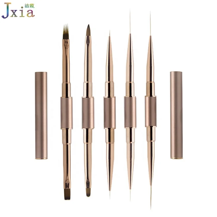 Двухсторонняя металлическая ручка Розовый Золотой наконечник для ногтей 3D акриловая Гелевая Кисть 2 в 1 детализирующая кисть для подводки