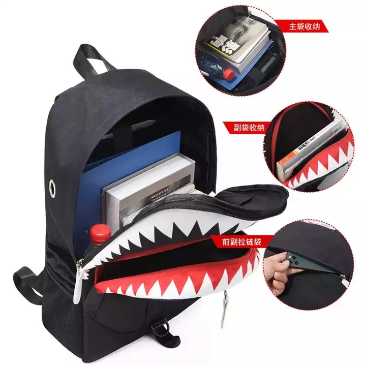 Polyester USB Charging Waterproof Luminous Bag School Back Pack Boys Shark Mouth Reflective Stylish Laptop Backpack